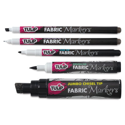 Tulip Fabric Markers Variety Pack - 5 Black markers with assorted tips shown horizontally
