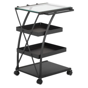 Studio Designs Charcoal Triflex Taboret -Angled back view showing glass top and 3 shelves