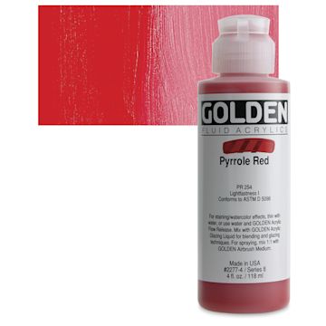 Open in modal - Golden Fluid Acrylic - Pyrrole Red, 4 oz bottle and swatch
