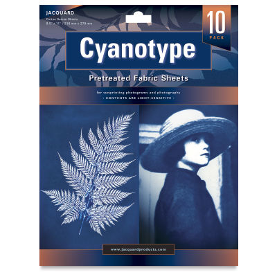 Jacquard Cyanotype Fabric Sheets, Package of 10 sheets, 8 1/2" x 11". Front of package.
