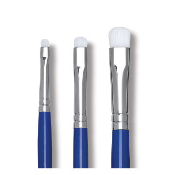 Open in modal - Blick Scholastic Wonder White Synthetic Brushes - Scrubber, Set of 3, Short Handles. Row of brushes.