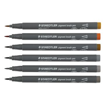 Open in modal - Staedtler Pigment Arts Brush Pens - Greys and Caramels, Set of 6 pens laid out with caps off