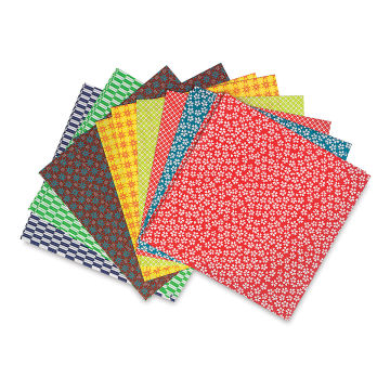 Kimono and Folk Art Origami Paper - Component patterned sheets shown in fan