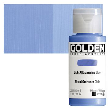 Open in modal - Golden Fluid Acrylic - Light Ultramarine Blue, 4 oz bottle and swatch