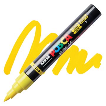 Open in modal - Posca Brush Paint Marker - Yellow, Brush Tip, swatch and marker