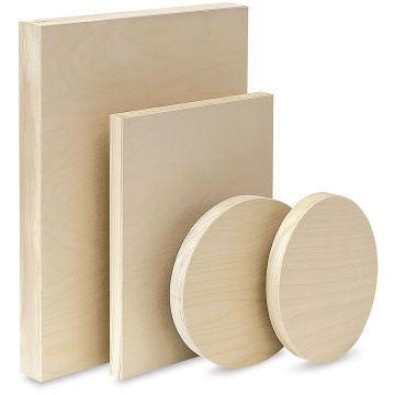 American Easel Wood Painting Panels - Angled view of Square and Round Panels, showing thicknesses