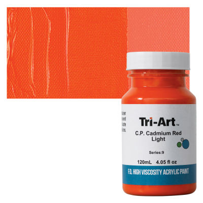 Tri-Art High Viscosity Artist Acrylic - Cadmium Red Light, 120 ml jar with swatch