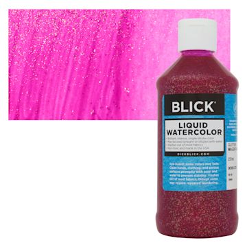 Open in modal - Blick Liquid Watercolors - Glitter Magenta, 8 oz bottle and swatch