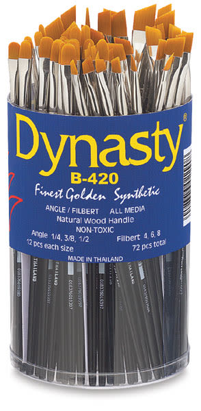 Dynasty Finest Golden Synthetic Brushes - Open Canister of 72 Filbert and Angular Brushes shown