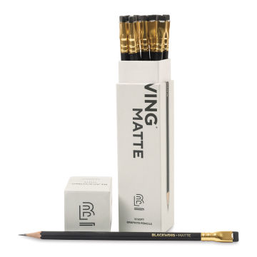 Blackwing Pencils - Matte Black, Pack of 12, one pencil laid out in front of the opened package