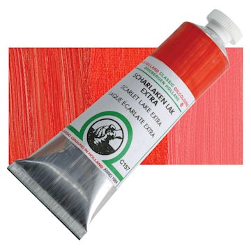 Open in modal - Old Holland Classic Oil Color - Scarlet Lake Extra, 40 ml tube and swatch