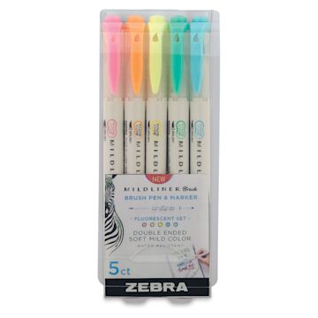Open in modal - Zebra Mildliner Double Ended Brush Pens - Front of package of Set of 5 Fluorescent Colors

- 
