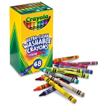 Crayola Ultra-Clean Washable Crayons - Angled package of 48 Regular size Crayons with several out