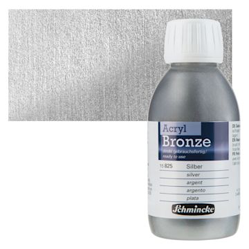 Open in modal - Schmincke Acrylic Bronze Paint - Silver, 150 ml bottle and swatch