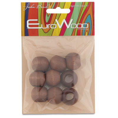 John Bead Euro Wood Beads - Dark Brown, Round Large Hole, 20 mm x 16 mm, Pkg of 9