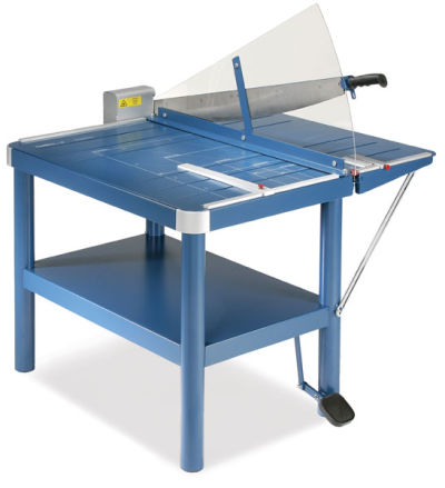 Dahle Premium Large Guillotine Trimmer with Stand - Angle view showing blade up and safety guard 