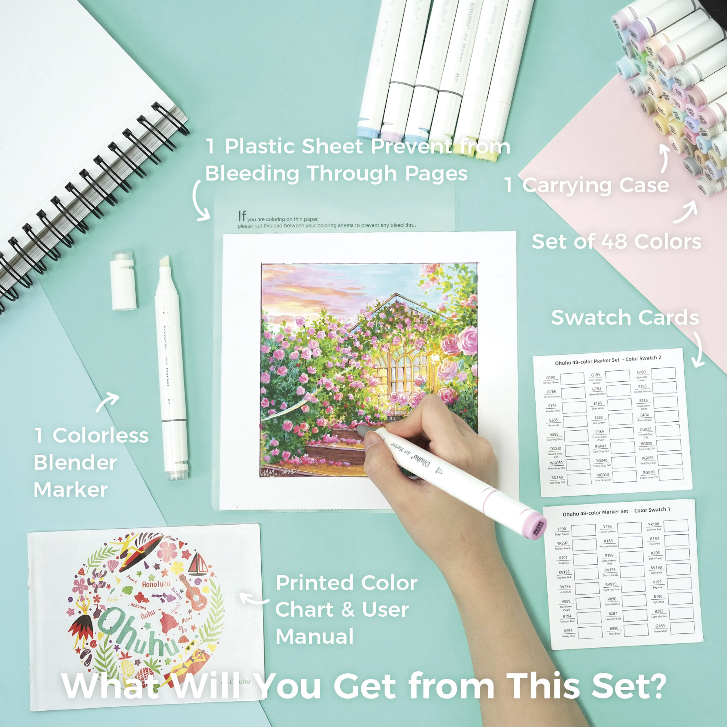 Ohuhu Oahu Dual-Tip Marker Set - Set of 48, Pastel Colors | BLICK