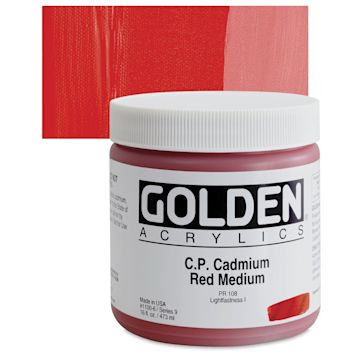 Open in modal - Golden Heavy Body Artist Acrylic - Cadmium Red Medium, 16 oz Jar  and swatch
