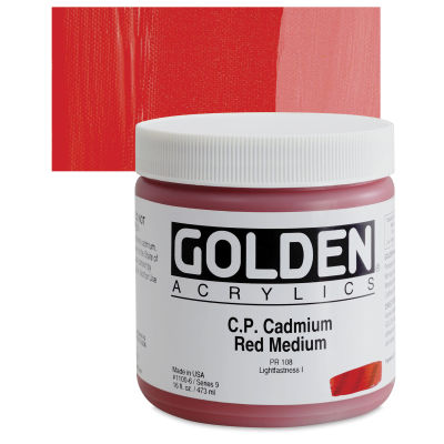 Golden Heavy Body Artist Acrylics - Cadmium Red Medium, Jar with swatch