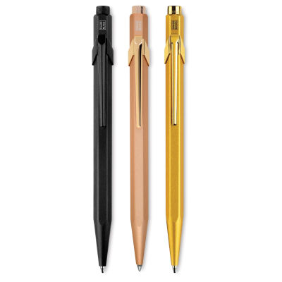 Caran d'Ache 849 Premium Ballpoint Pens in Black Code, Brut Rose, and Goldbar