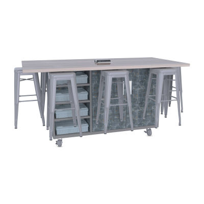CEF Ed8 Work Table with Stools, 42"H table with silver stools and Paint Scrape Steel finish.