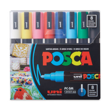 Uni Posca Paint Marker - Set of 8 Basic Colors, Medium Tip, 2.5mm. Front of package.