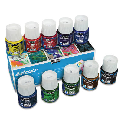 Pebeo Setacolor Fabric Paint - Set of 10 Light Fabric colors shown on top of and in front of package