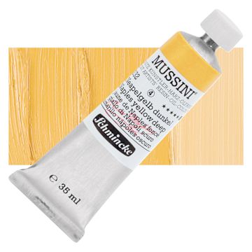 Open in modal - Schmincke Mussini Oil Color - Naples Yellow Deep, 35 ml tube and swatch