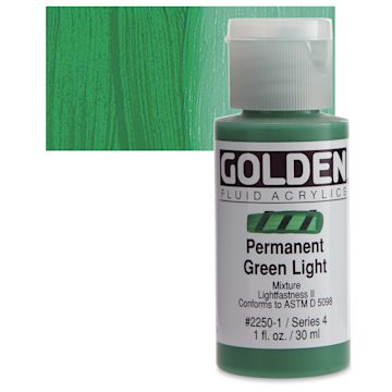 Open in modal - Golden Fluid Acrylic - Permanent Green Light, 1 oz bottle and swatch