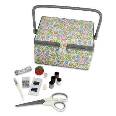Dritz Essential Sewing Basket Kit, components of kit shown in front of basket.