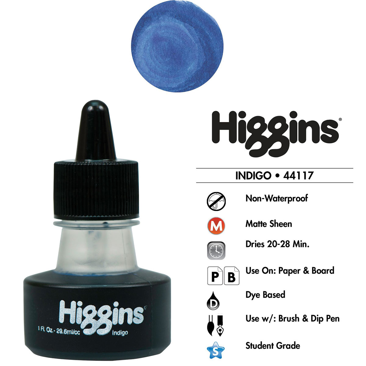 Higgins Dye-Based Drawing Ink - 1 oz, Indigo Blue, Non