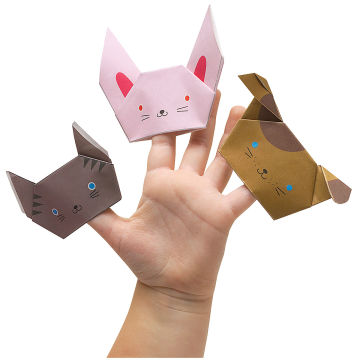 Fold'ems Fold-by-Number Origami Papers - Folded Finger puppets shown on hand
