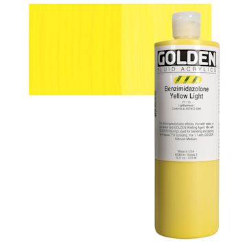 Open in modal - Golden Fluid Acrylic - Benzimidazolone Yellow Light, 16 oz bottle and swatch