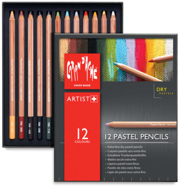 Caran d'Ache Pastel Pencil Set - Open Set of 12 Pencils with Lid adjacent