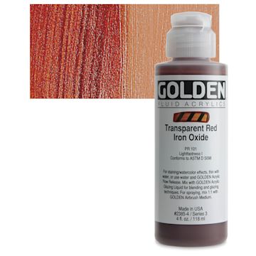 Open in modal - Golden Fluid Acrylic - Transparent Red Iron Oxide, 4 oz bottle and swatch