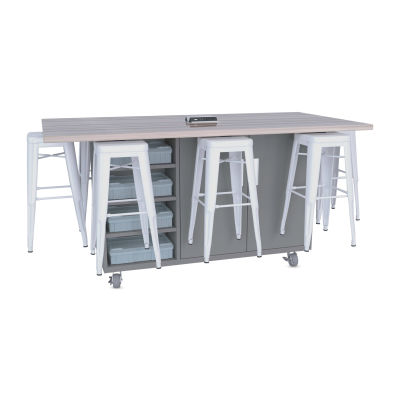 CEF Ed8 Work Table with Stools, 36"H table with white stools and Northsea Grey finish.