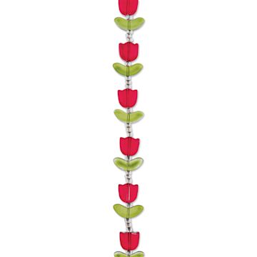 Open in modal - John Bead Crystal Lane DIY Glass Garden Bead Single Strand - Tulips with Leaves, Red