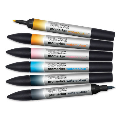 Promarker Watercolor Marker Sets - 6 pc set of Sky colors shown horizontally with two caps removed