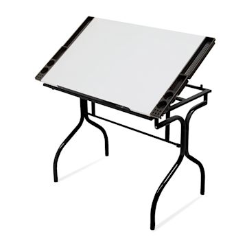 Open in modal - Black/White Top Folding Craft Station - angled view with table top raised as drafting table