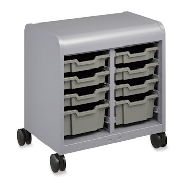 Open in modal - Smith System Cascade Tote Tray Storage - left angle view, cabinet on wheels with eight trays (included)