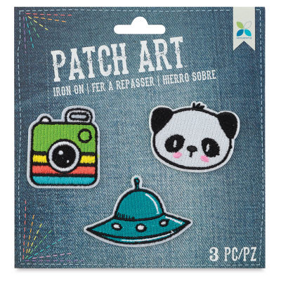 Iron-On Patch Art - Front view of 3 pc. Panda, UFO, and Camera Patch package