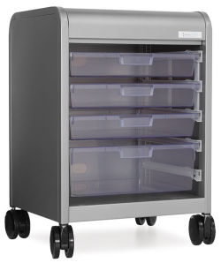 Smith System Cascade Tote Tray Storage - left angle view of open cabinet on wheels with four clear trays (included)