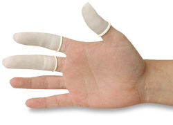 Latex Finger Cots - Side view of right hand wearing three finger cots