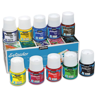 Pebeo Setacolor Fabric Paint - Set of 10 Opaque colors shown on top and in front of package