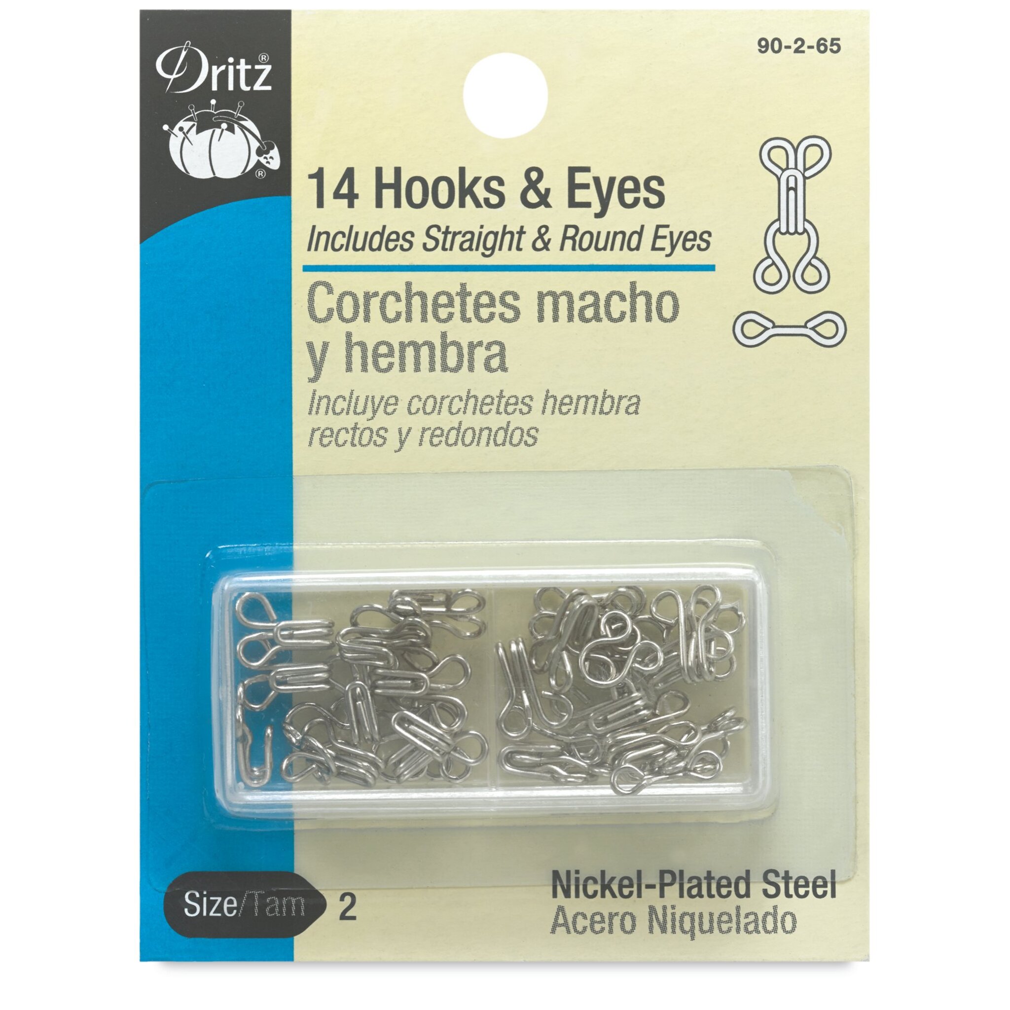 Dritz Sew on Fasteners - Hook and Eyes, Nickel Plated, Size 2, Package of  14