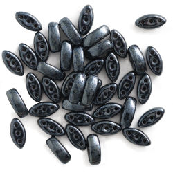 John Bead Czech Glass Cali Three-Hole Beads - Black/Hematite, Pkg of 40