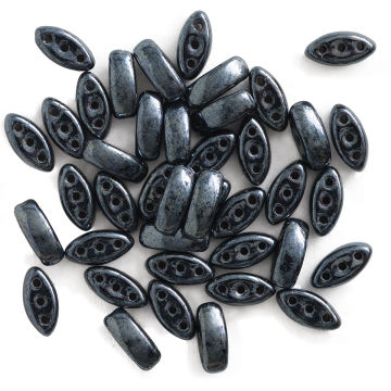 John Bead Czech Glass Cali Three-Hole Beads - Black and Hematite beads in loose pile