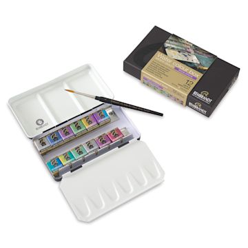 Open in modal - Rembrandt Watercolor Half Pan Set - 12 Special Effects colors in tin, with  sable brush and package