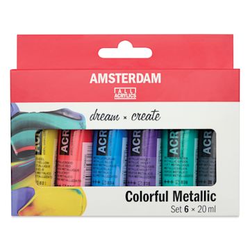 Open in modal - Amsterdam Standard Series Acrylics - Set of 6, Colorful Metallic, 20 ml Tubes, front of packaging