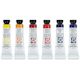 Daniel Smith Extra Fine Watercolors - Extra Fine Essentials Set of 6, 5 ml tubes. Row of tubes.